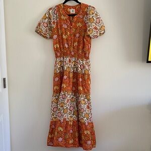 dRA Womens Dress Smocked Tiered Bohemian Cottagecore Orange Floral Size Med